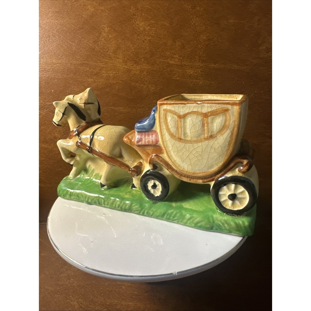 Vintage Ceramic Horse and Cart Planter Green & Cream Made in Japan